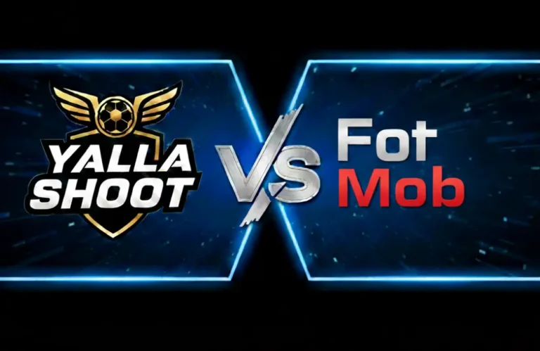 رسم توضيحي يقارن تطبيقي يلا شوت مقابل فوتموب لكرة القدم، يظهر الميزات مثل النتائج المباشرة والإحصائيات وتغطية الدوريات لعشاق العرب والأوروبيين.