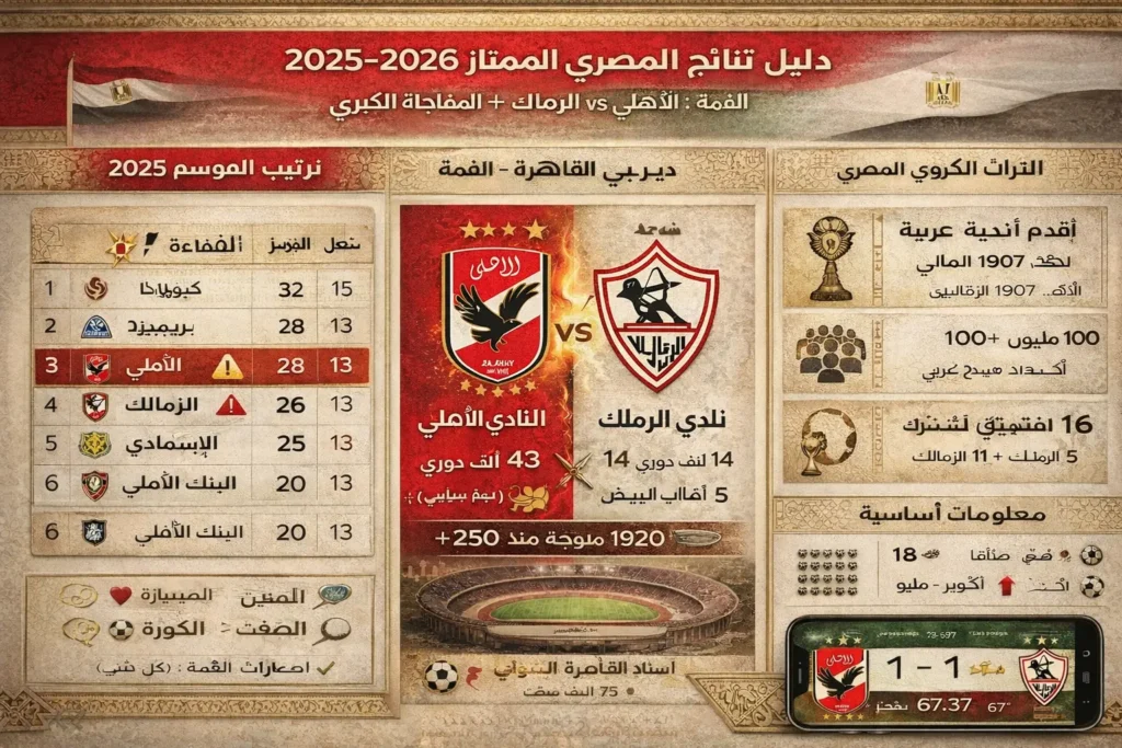 نتائج الدوري المصري الممتاز ترتيب الأهلي والزمالك وديربي القاهرة